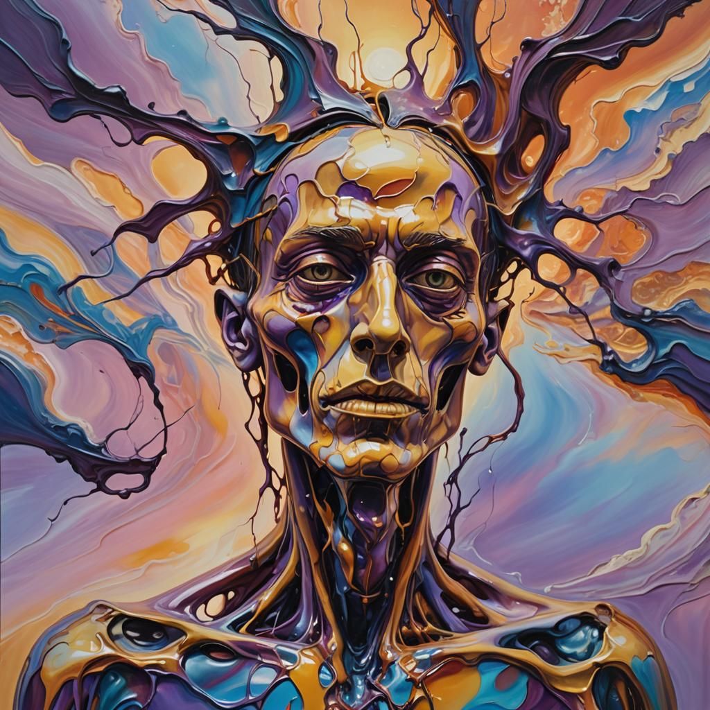 Elongated Figure Sinks into Dreamlike Landscape in Vibrant C...