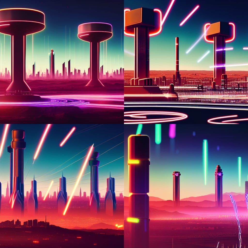 Retrofuturistic Tesla Coils Sparking in Desert Landscape