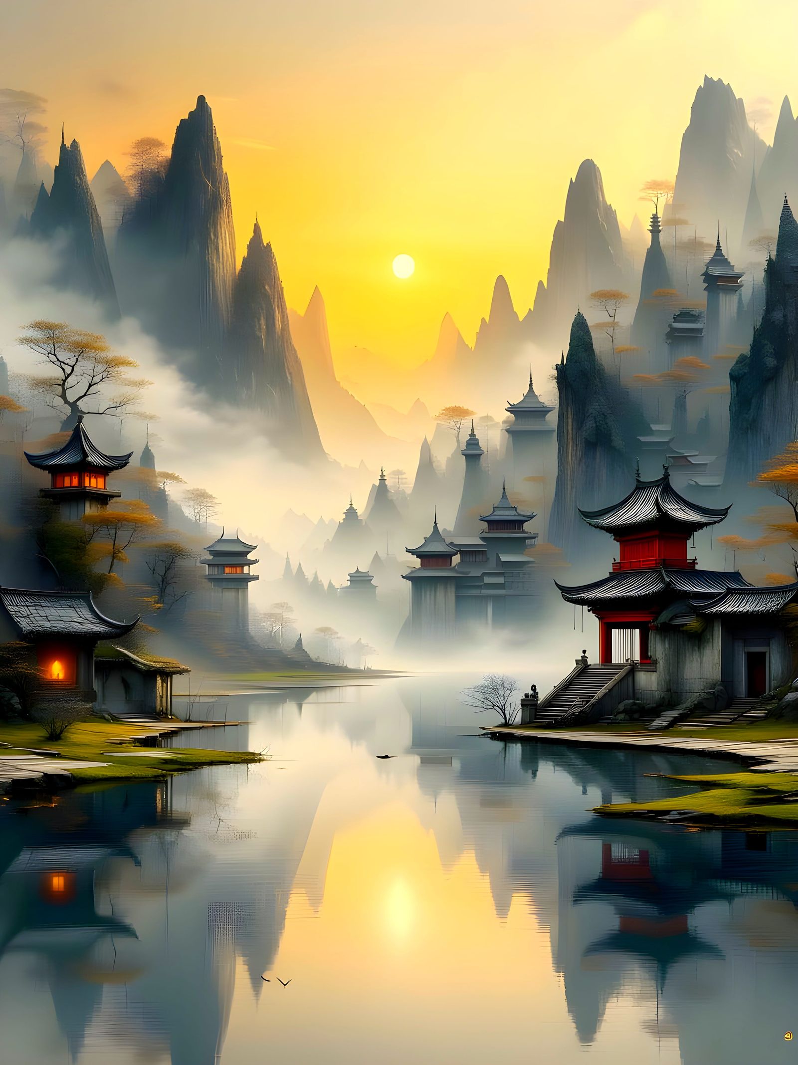 Ancient Cities Reflected in Luminous Lake at Dawn