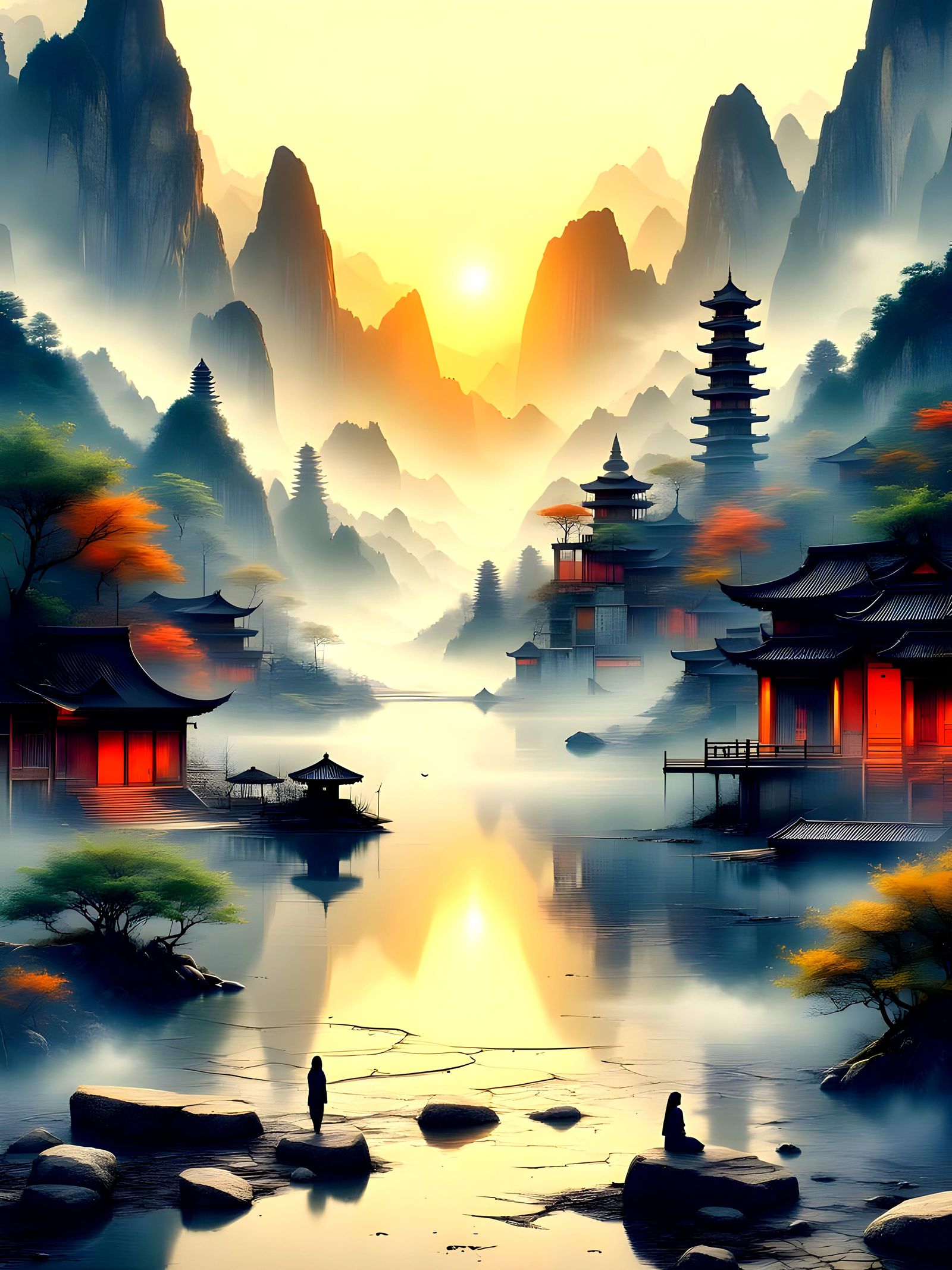 Dual City Reflections on Luminous Dawn Lake