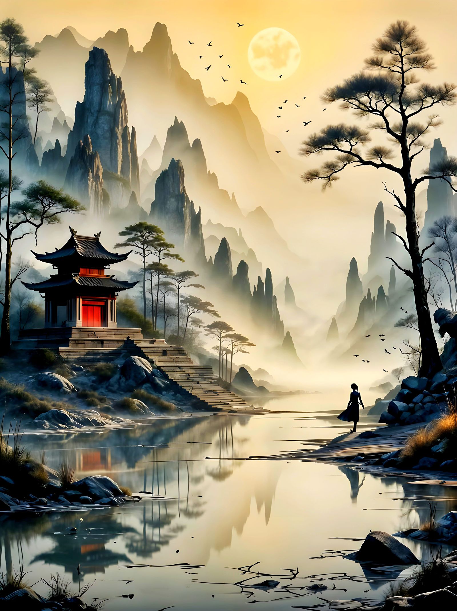 Ancient City Reflections on Glassy Lake at Dawn