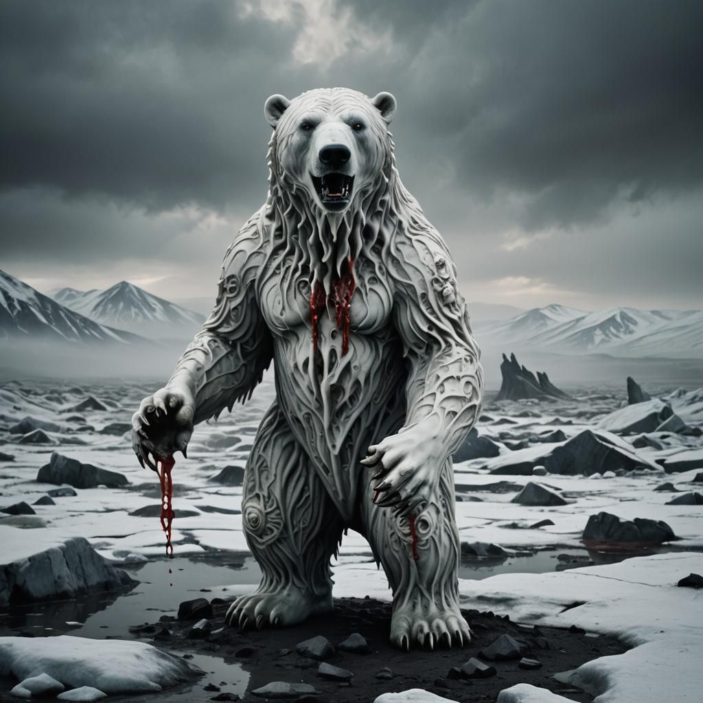 Demonic Porcelain Polar Bear in Surreal Arctic Landscape