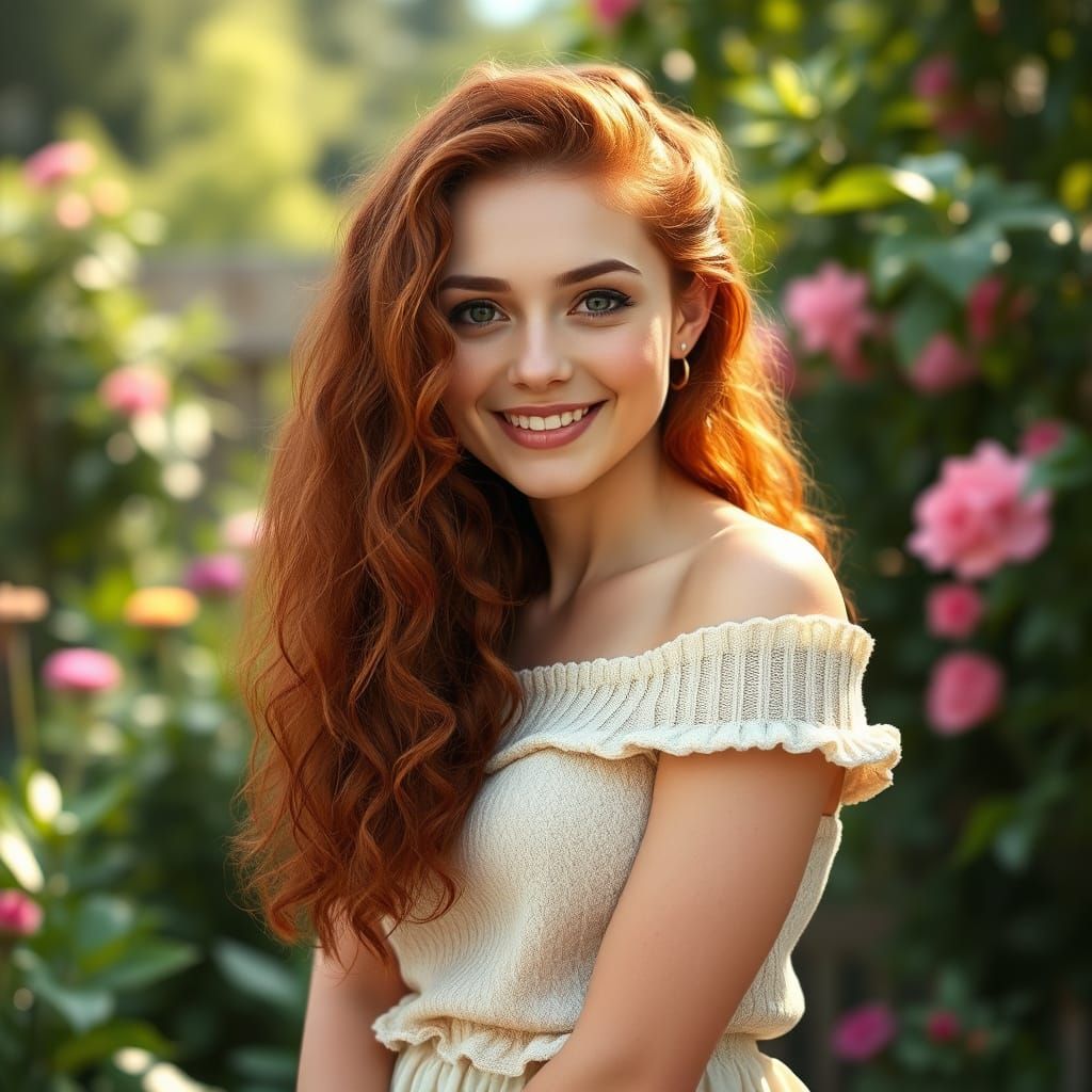 Portrait of Red-Haired Woman in Lush Garden