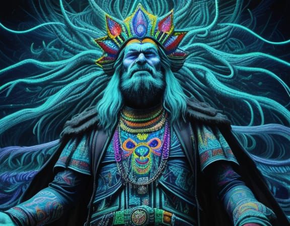 Epic Mountain Man in Neon Psychedelic Style