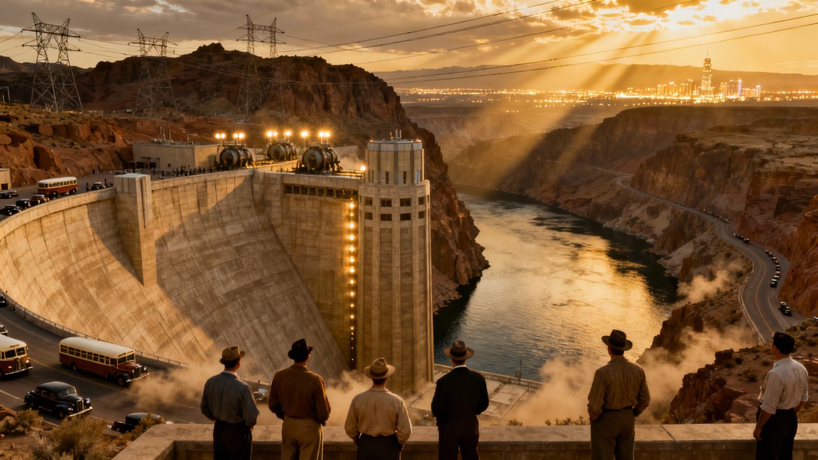 1930s Boulder Dam Power Generation Cinematic Scene