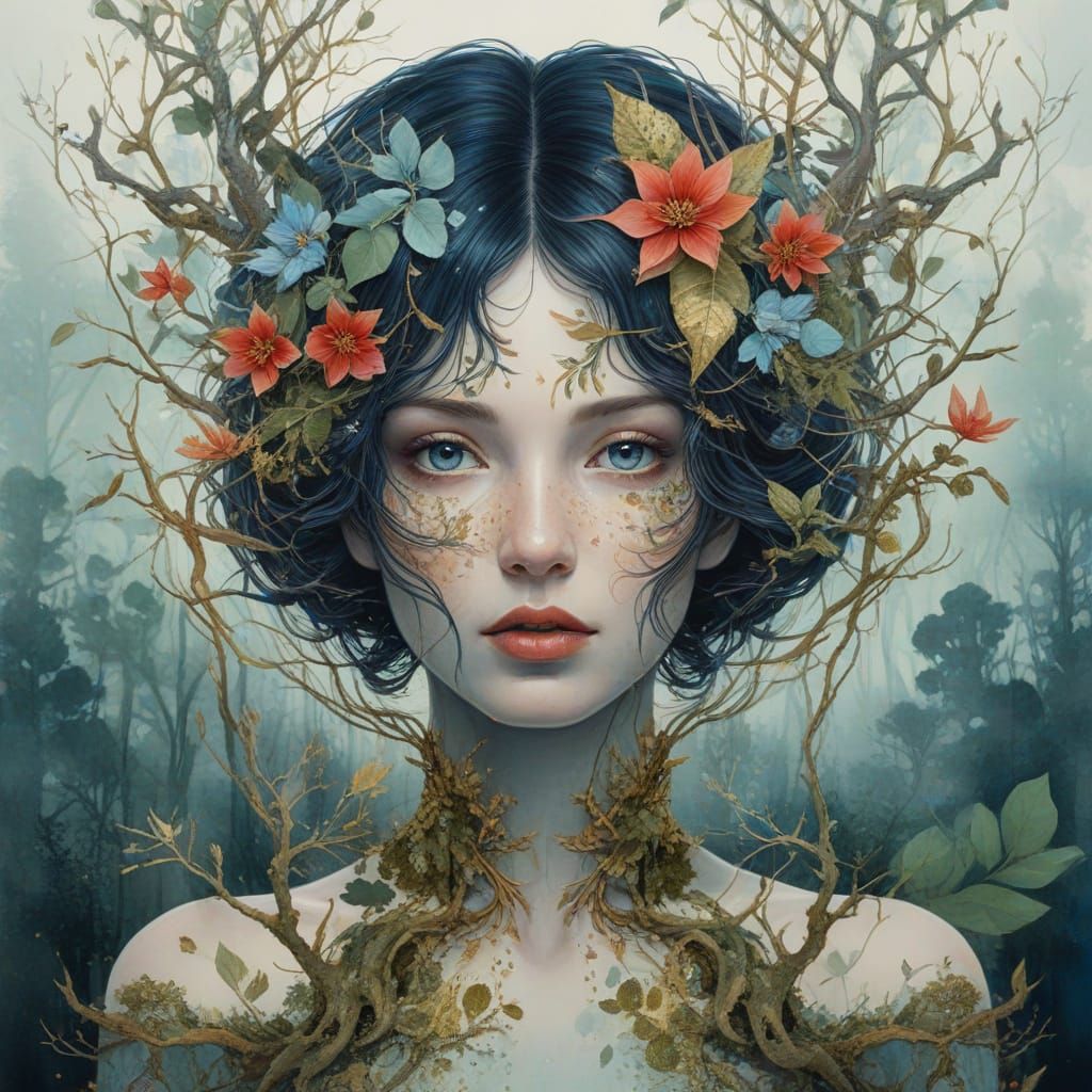 Surreal Double Exposure Portrait of Mother Earth Woman