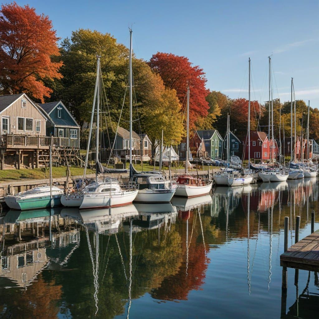 Photograph of a tranquil marina featuring several moored sai...