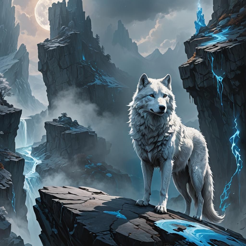 White Wolf with Blue Magic in Dark Fantasy Style
