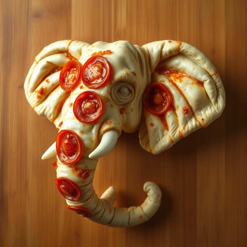 a elephant head made crafted entirely from edible pizza ingredients