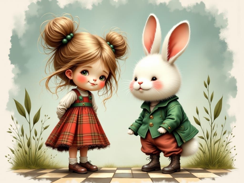 Cute Girl and Rabbit in Tartan Dress on Chessboard
