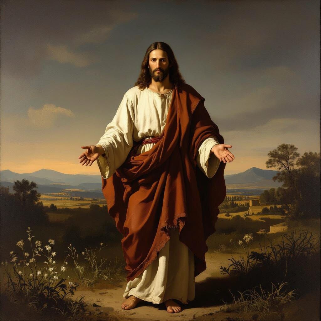 Jesus in Serene Landscape, Dramatic Lighting