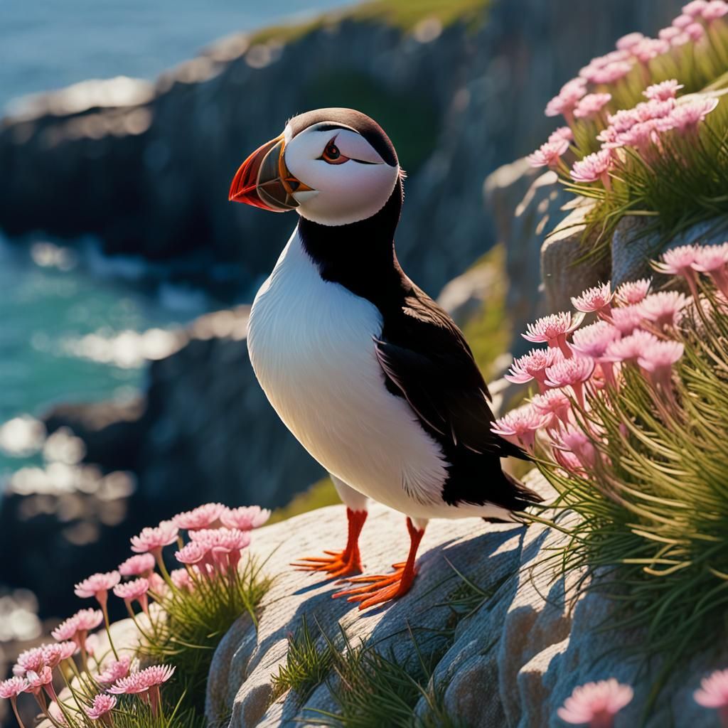 Atlantic Puffin Among Sea Thrift Flowers Concept Art