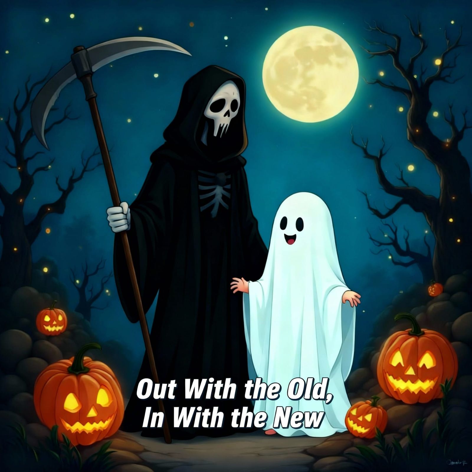 Father Time and Baby Ring in New Year in Halloween Style