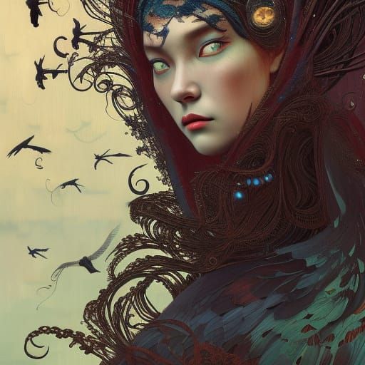Rococopunk Raven Woman Portrait in 8K