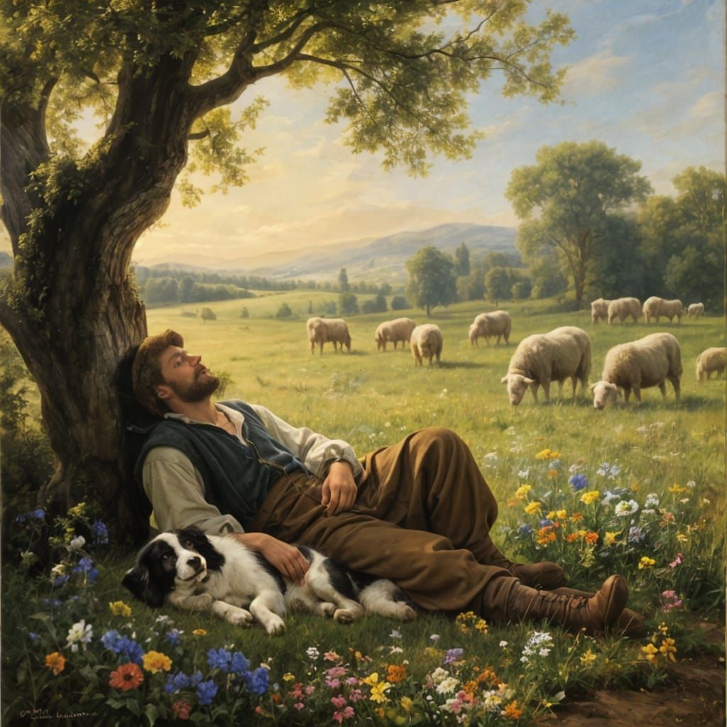 Baroque Oil Painting of Sleeping Shepherd and Dog in Flower ...