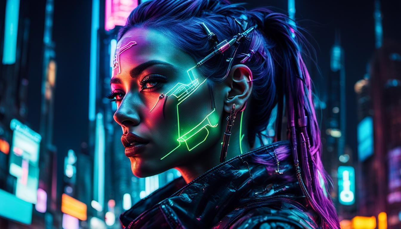 Cyberpunk Girl Double Exposure: Neon Cityscape Portrait