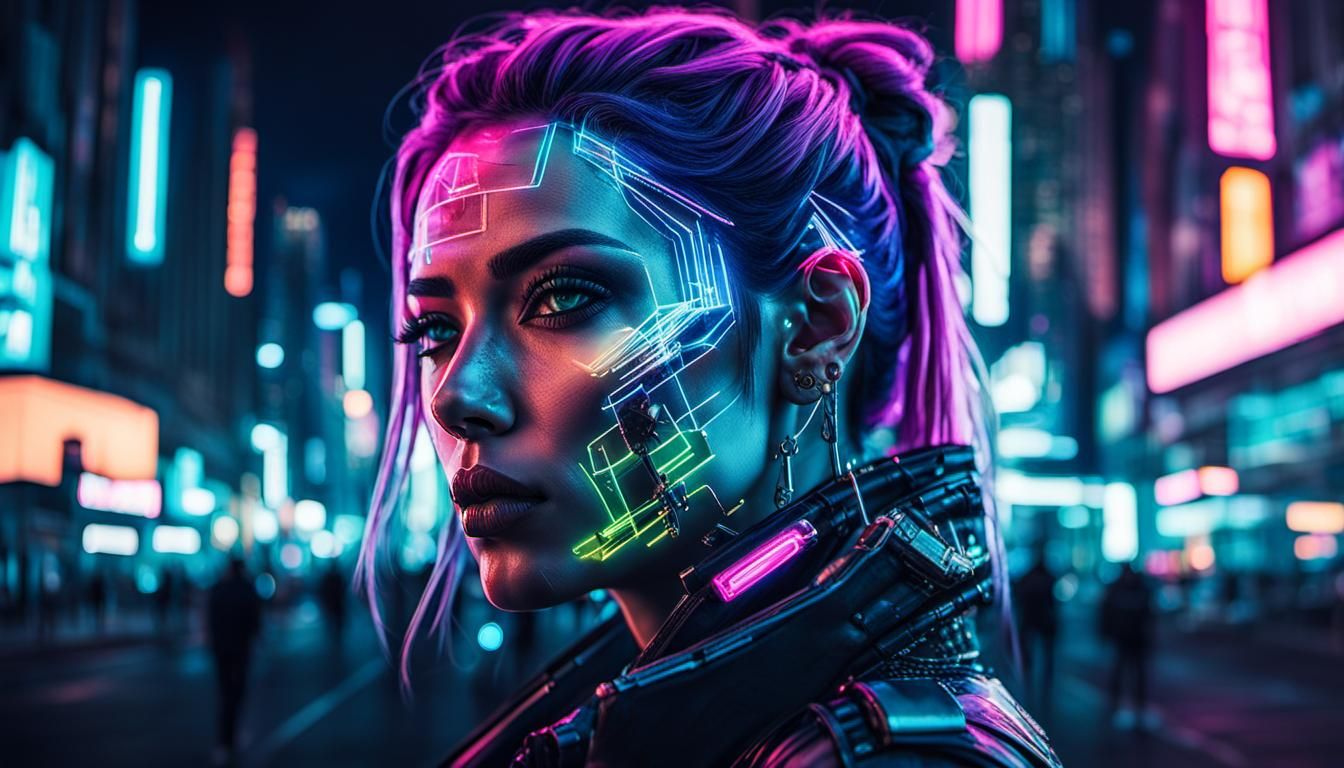 Cyberpunk Girl Double Exposure in Neon City