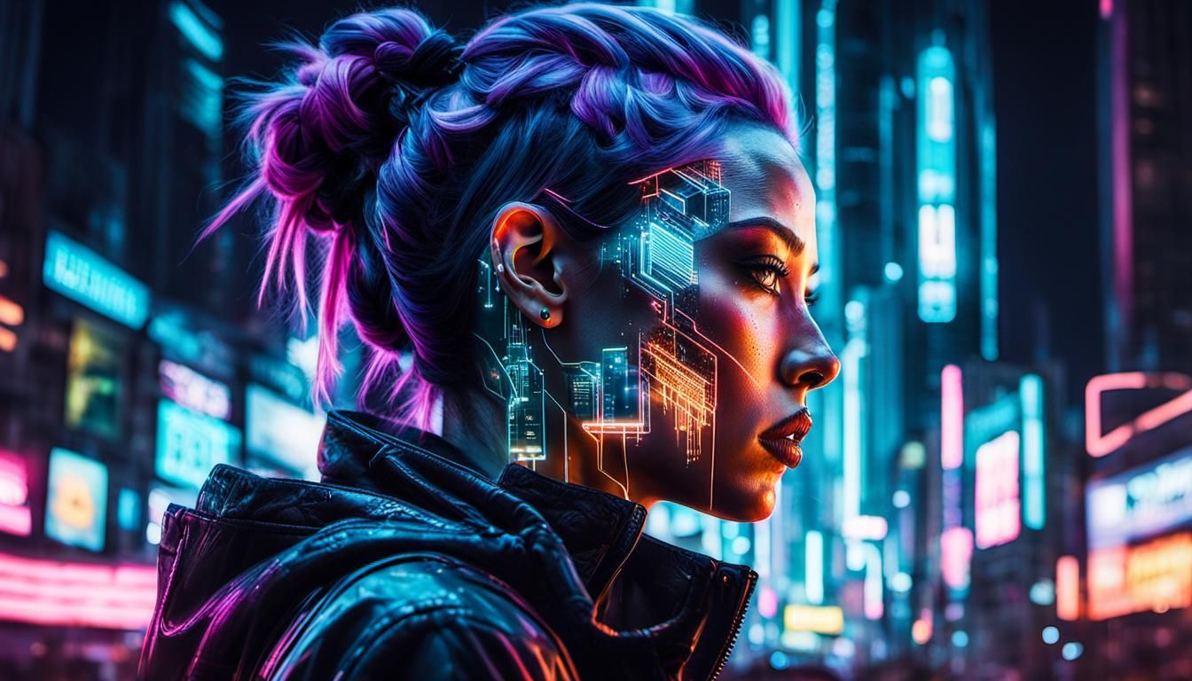 Cyberpunk Girl Double Exposure in Neon City