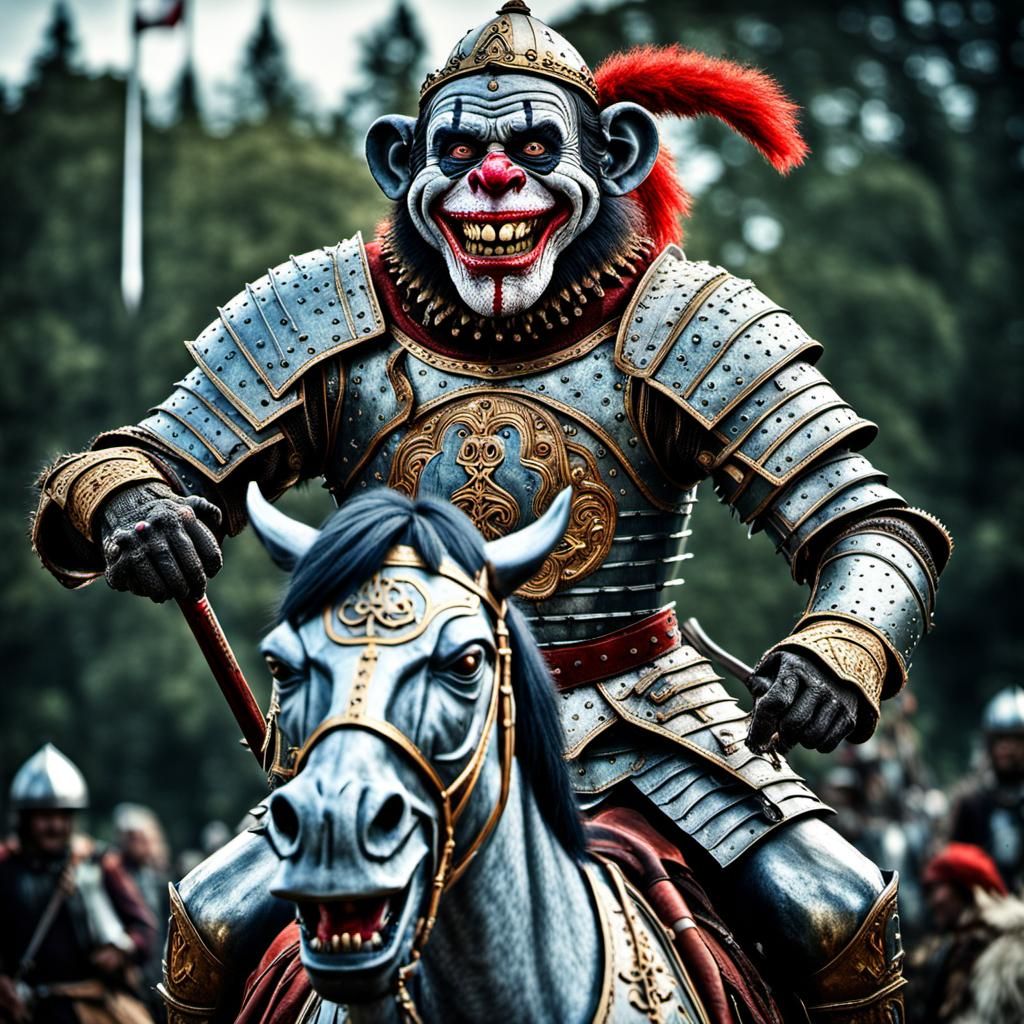 Zombie Monkey Clown Knight on Horseback: Hyperrealistic