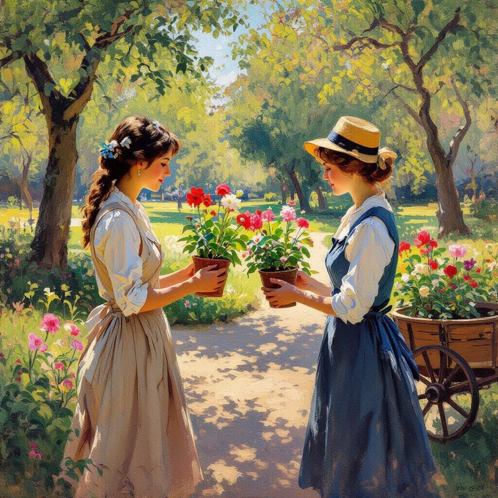 Plant Trade in a Sunny Park, Impressionist Style