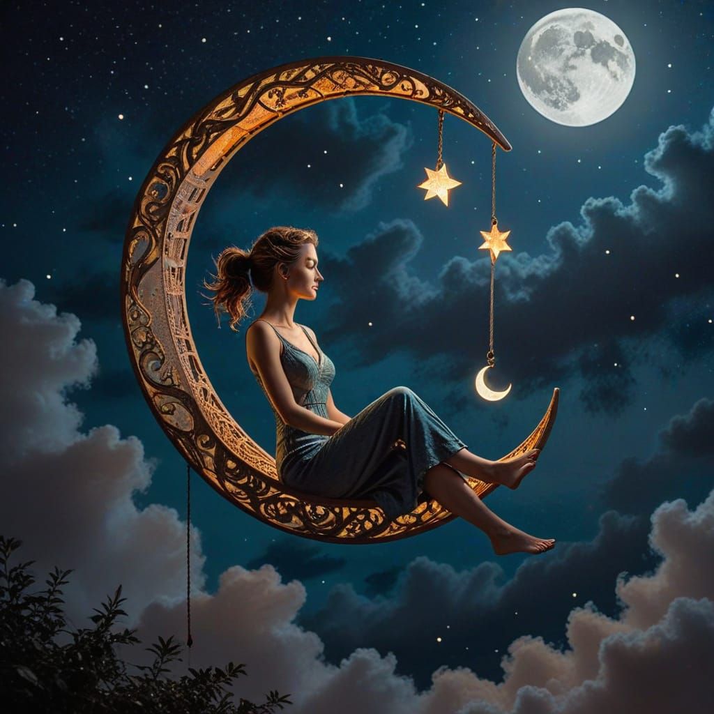 Woman on Moon Swing in Starry Night Sky
