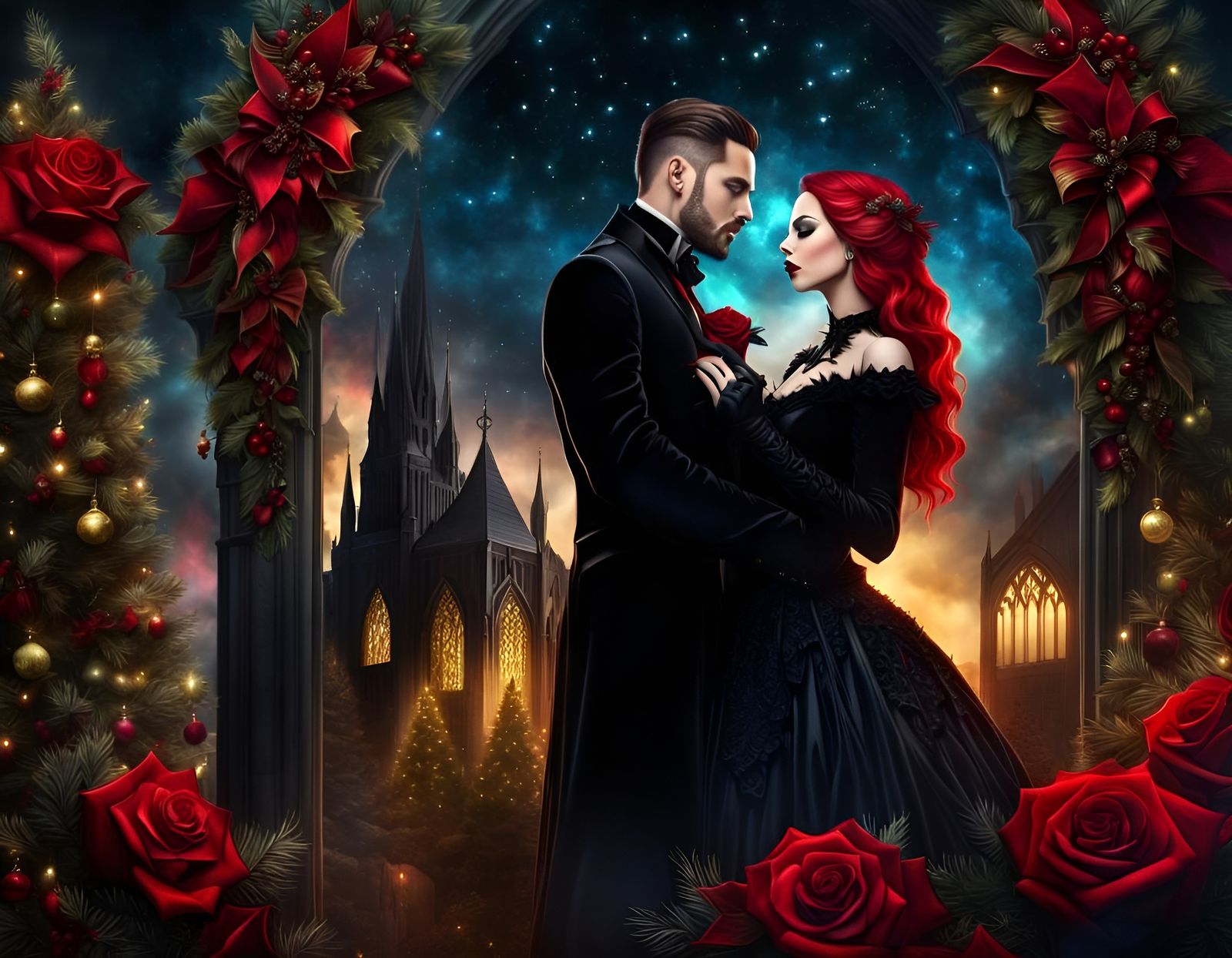 Gothic Couple's Surreal Christmas Celebration