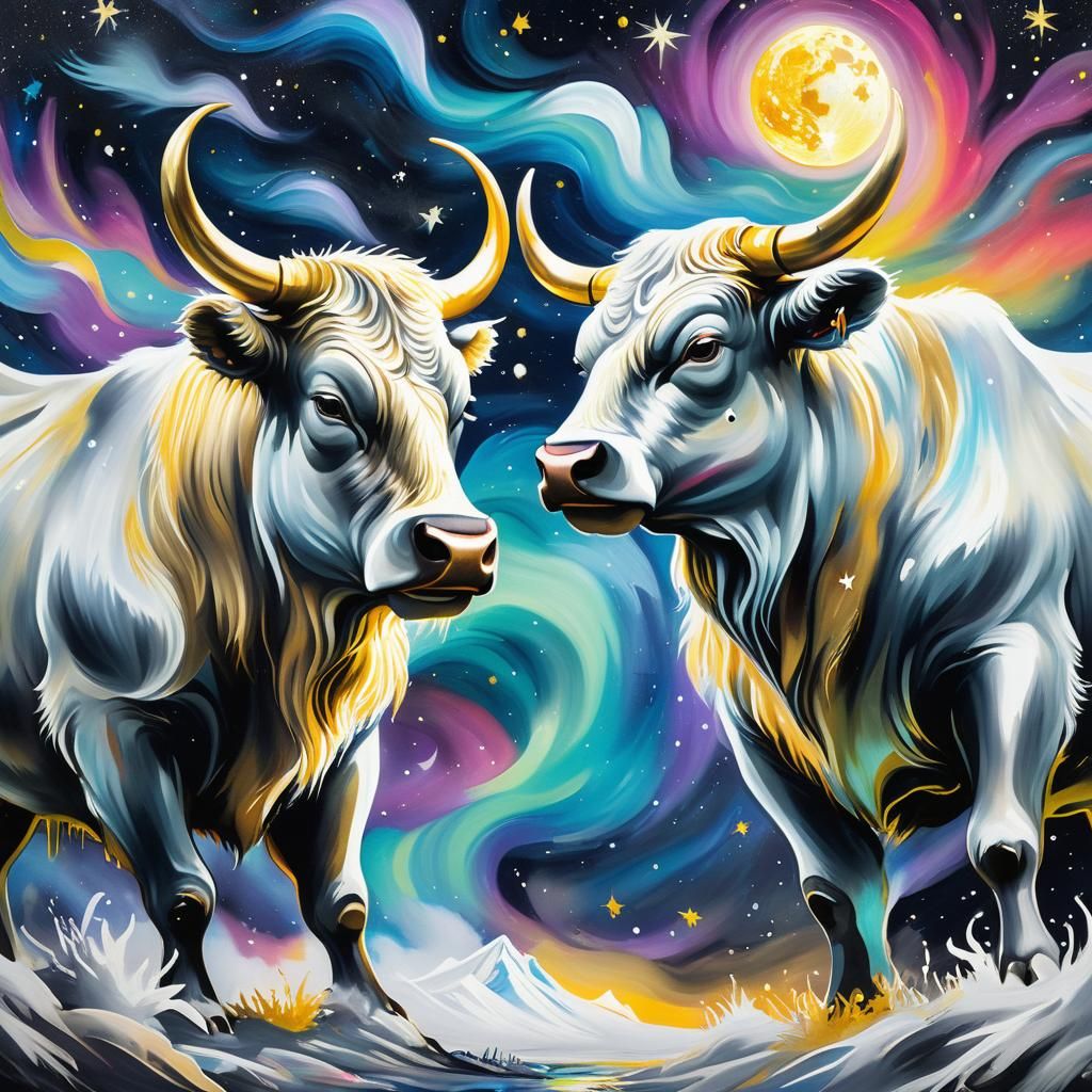 Golden and Silver Bulls Fly to the Moon