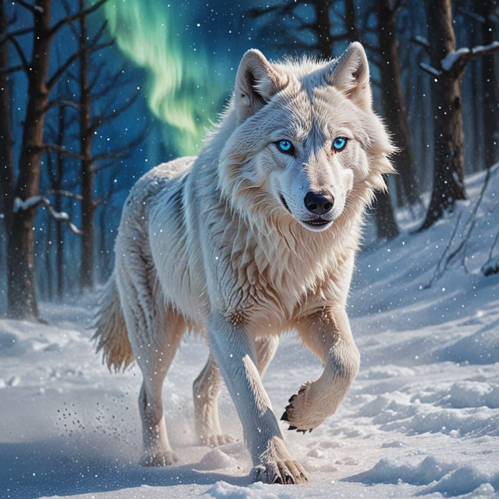 Arctic Wolf Runs in Snow: Vibrant Fantasy Digital Art