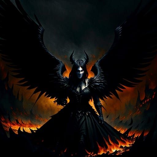 Torn Wings of a Fallen Angel in a Hellish Landscape