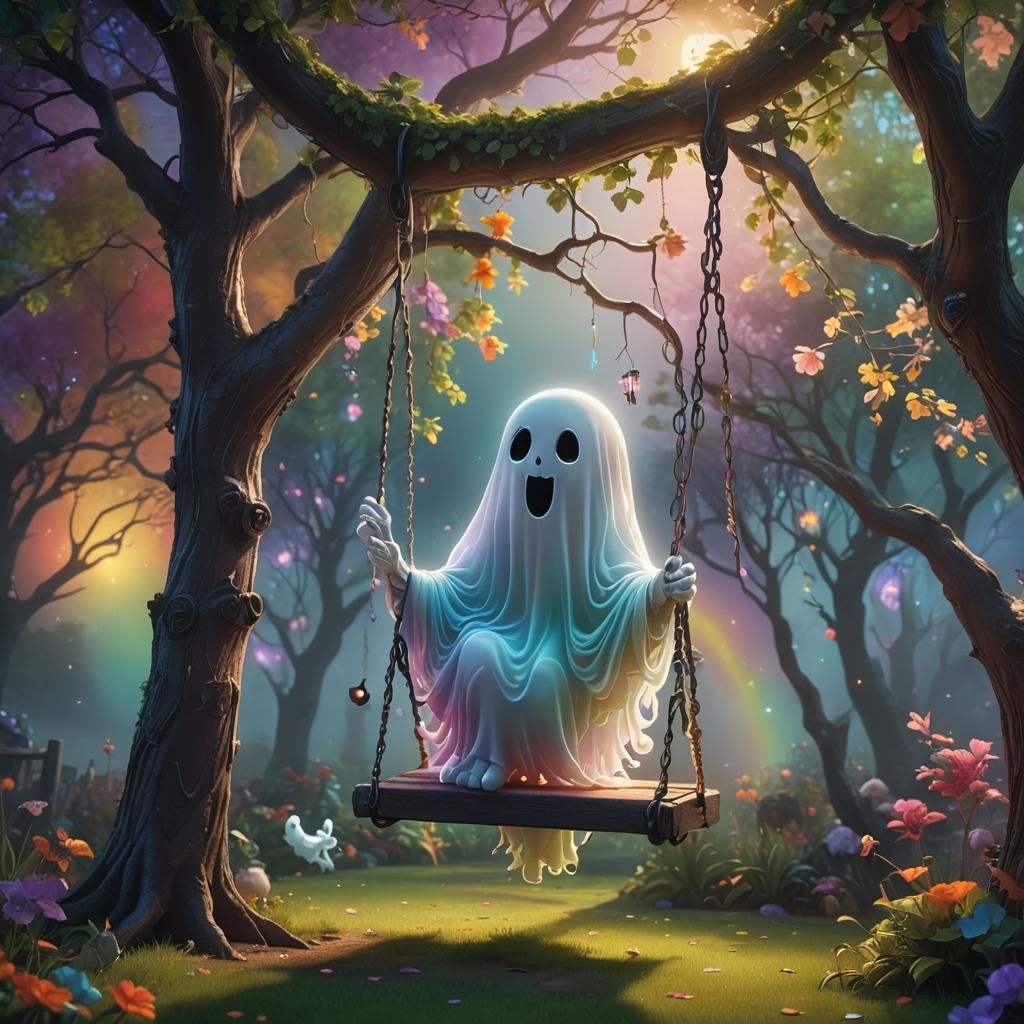 Cute Ghost on Swing in Garden: Pixar-Style 3D Art