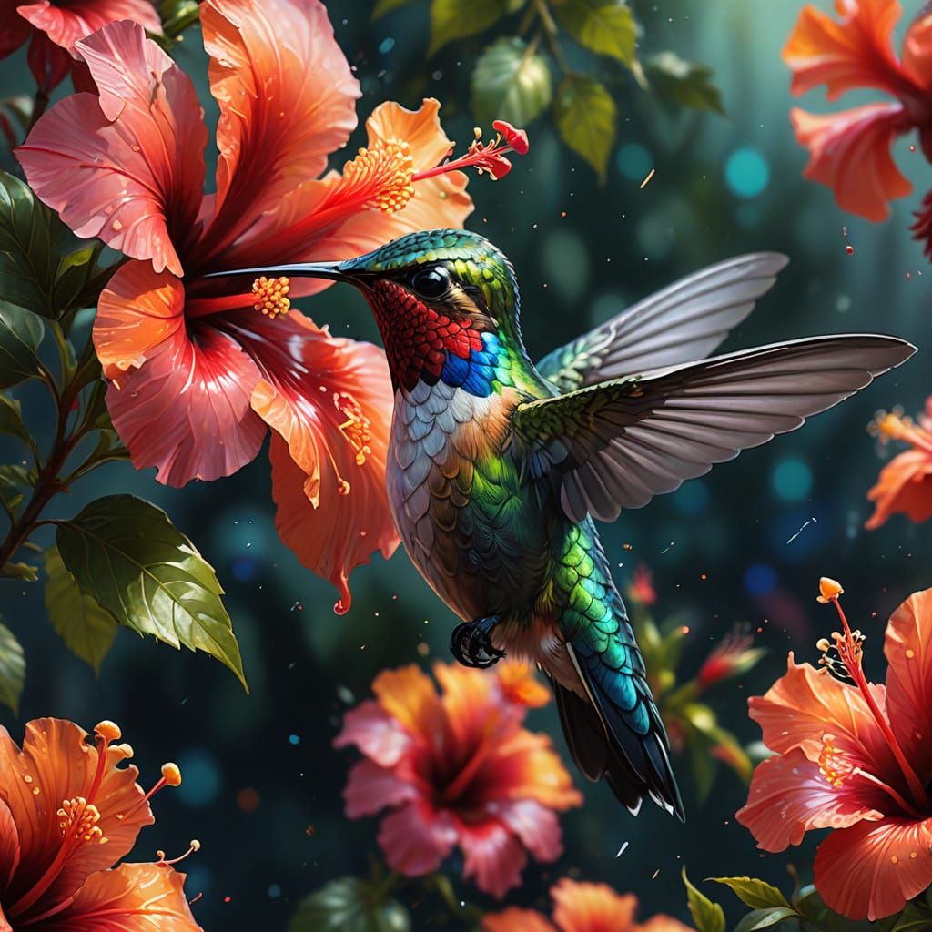 Hummingbird and Hibiscus in Rocha and Luadthong Style