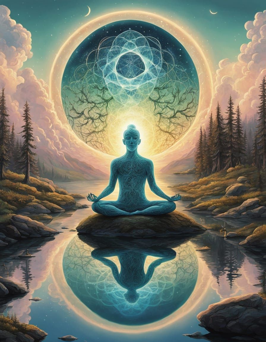 Meditating Bioluminescent Figure in Sacred Geometry Style