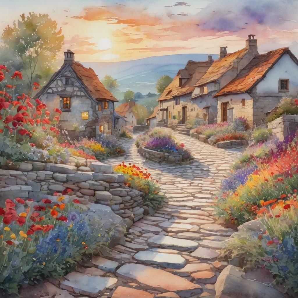 Picturesque Village Scene at Dusk in Watercolor