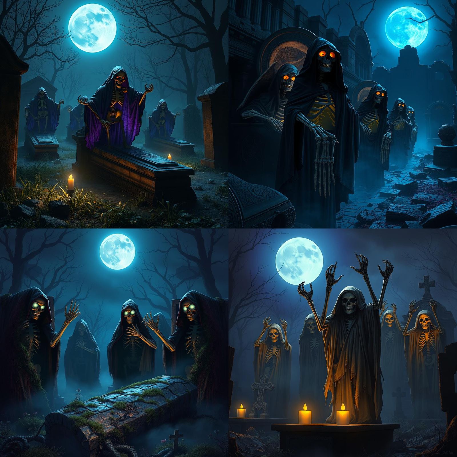 A haunting scene of skeletal figures emerging from ancient s...