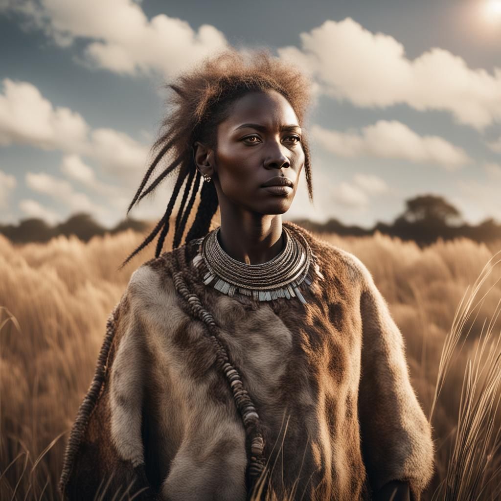 Grayscale Portrait of Prehistoric Woman in Savannah