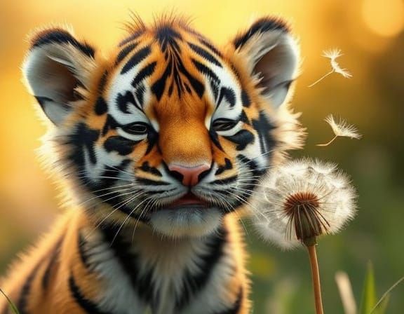 Tiger Cub in Watercolor Style Blowing Dandelion Seeds