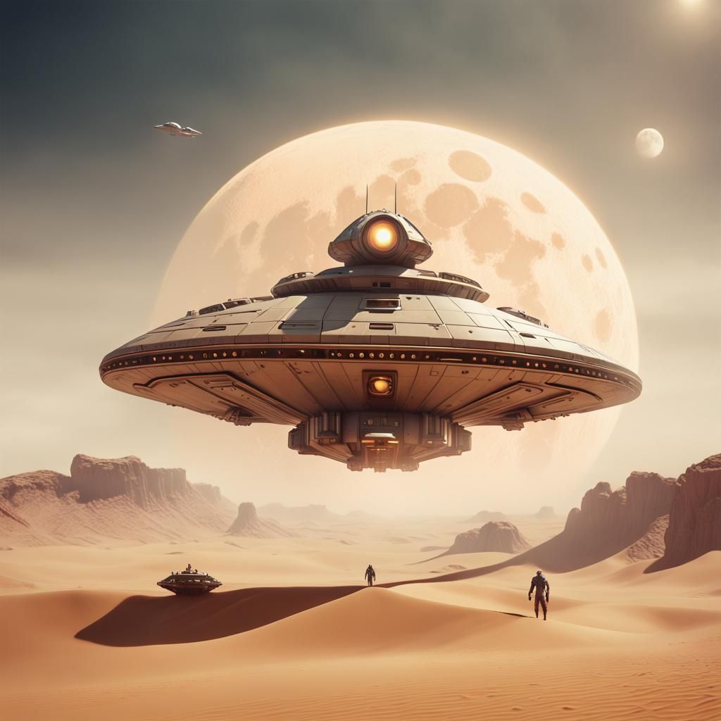 Sleek Starship Landing on Desert Planet