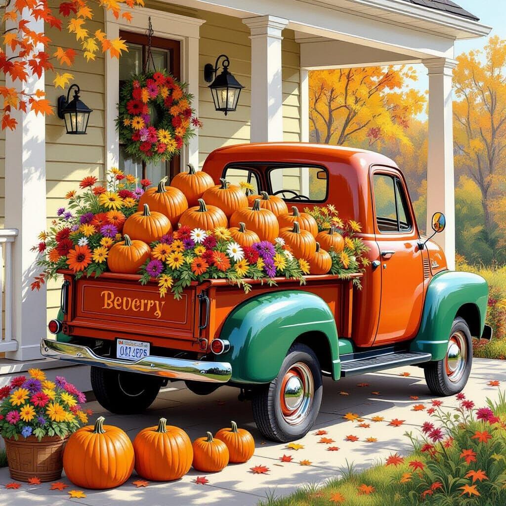 Autumn Truck Delivering Pumpkins in Folk Art Style