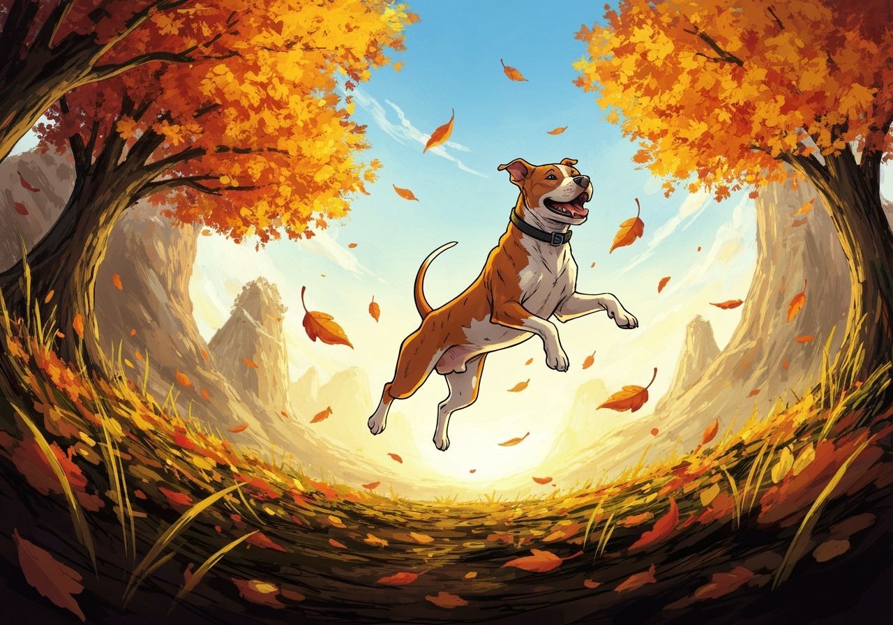 Autumn Pitbull Joyfully Jumps in Fantasy Landscape Oil Paint...