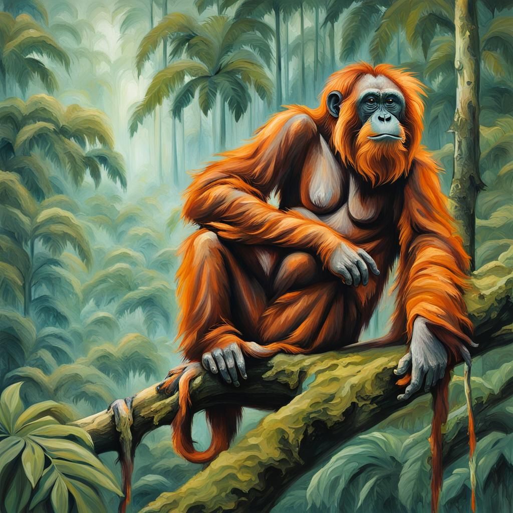 a poignant scene of a wise Sumatran Orangutan perched on a t...