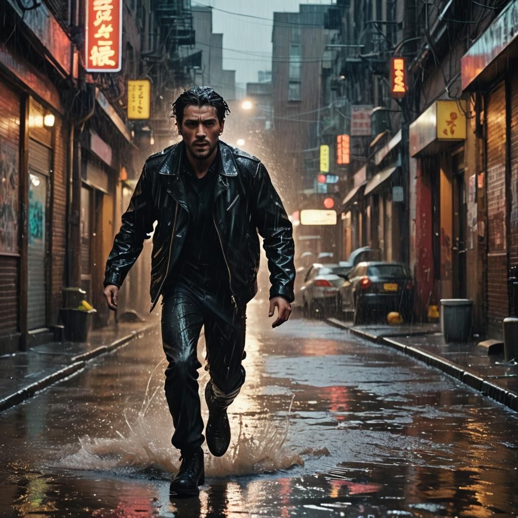 Retro Film Noir Chase in Rainy City Alley