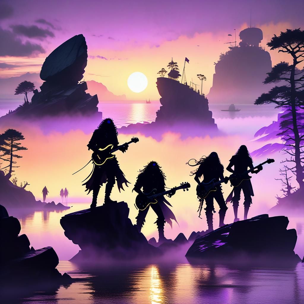 Rock Band Silhouette at Sunset: Dark Fantasy Art
