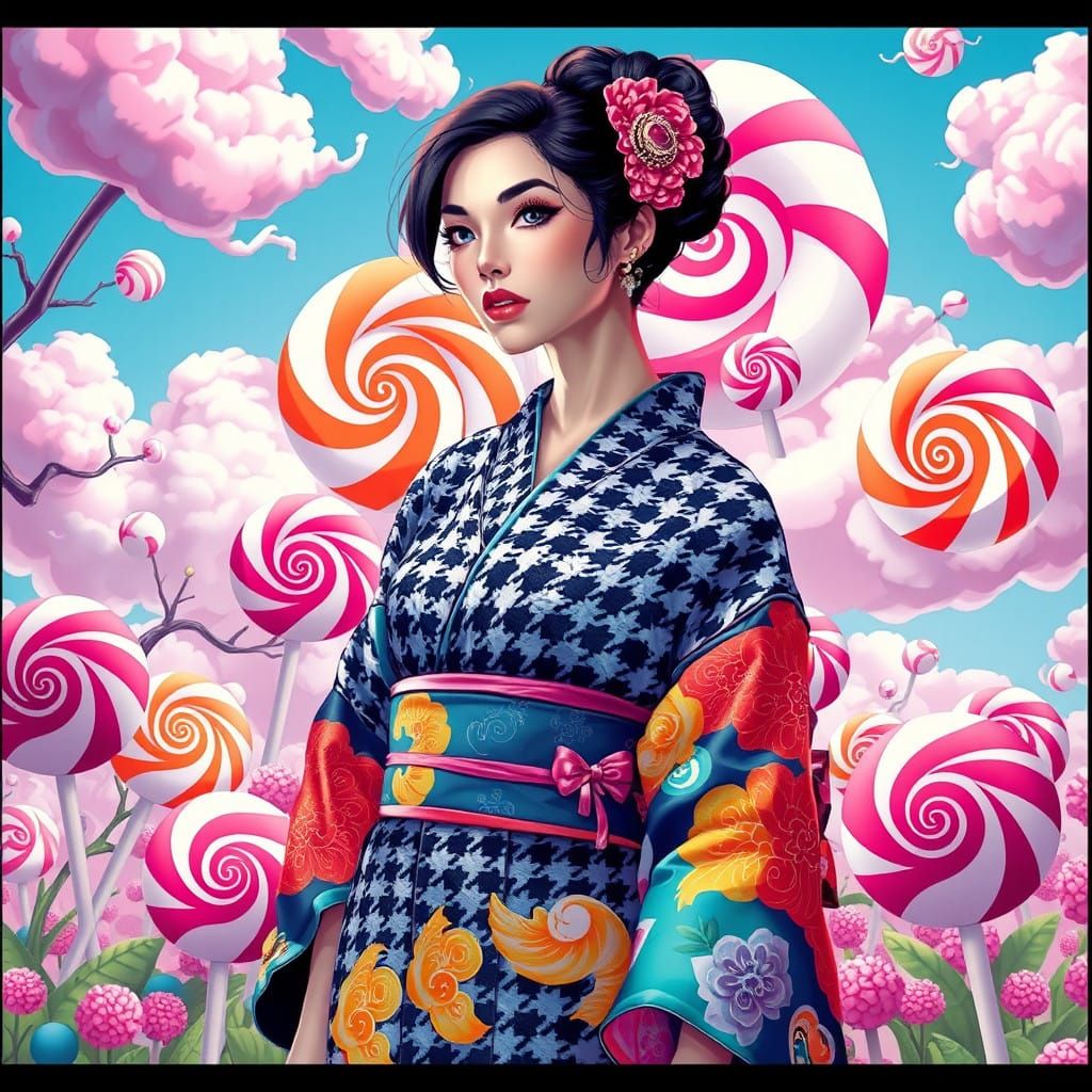 Vibrant Houndstooth Kimono in Whimsical Candyland Setting