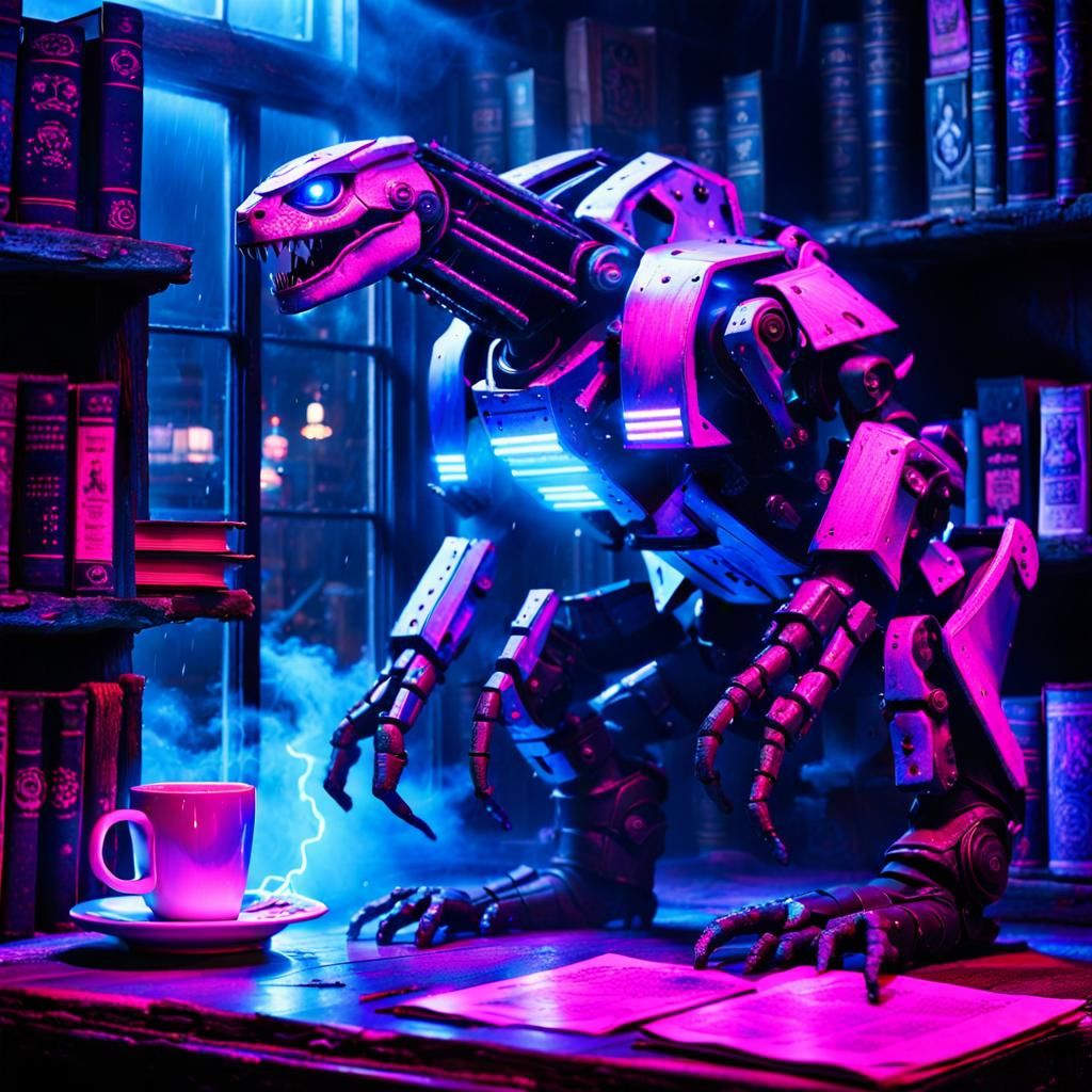 Gothic Coffee Shop with Robots in Noir Photography