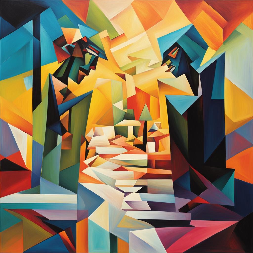 Geometric Forms Collide in a Vibrant Cubist Masterpiece