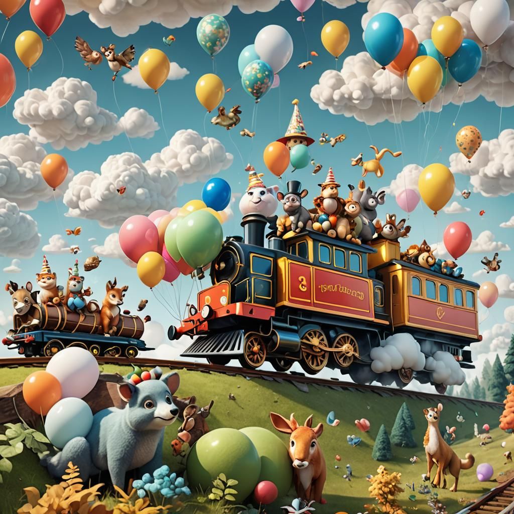 Whimsical Train in Clouds with Party Animals