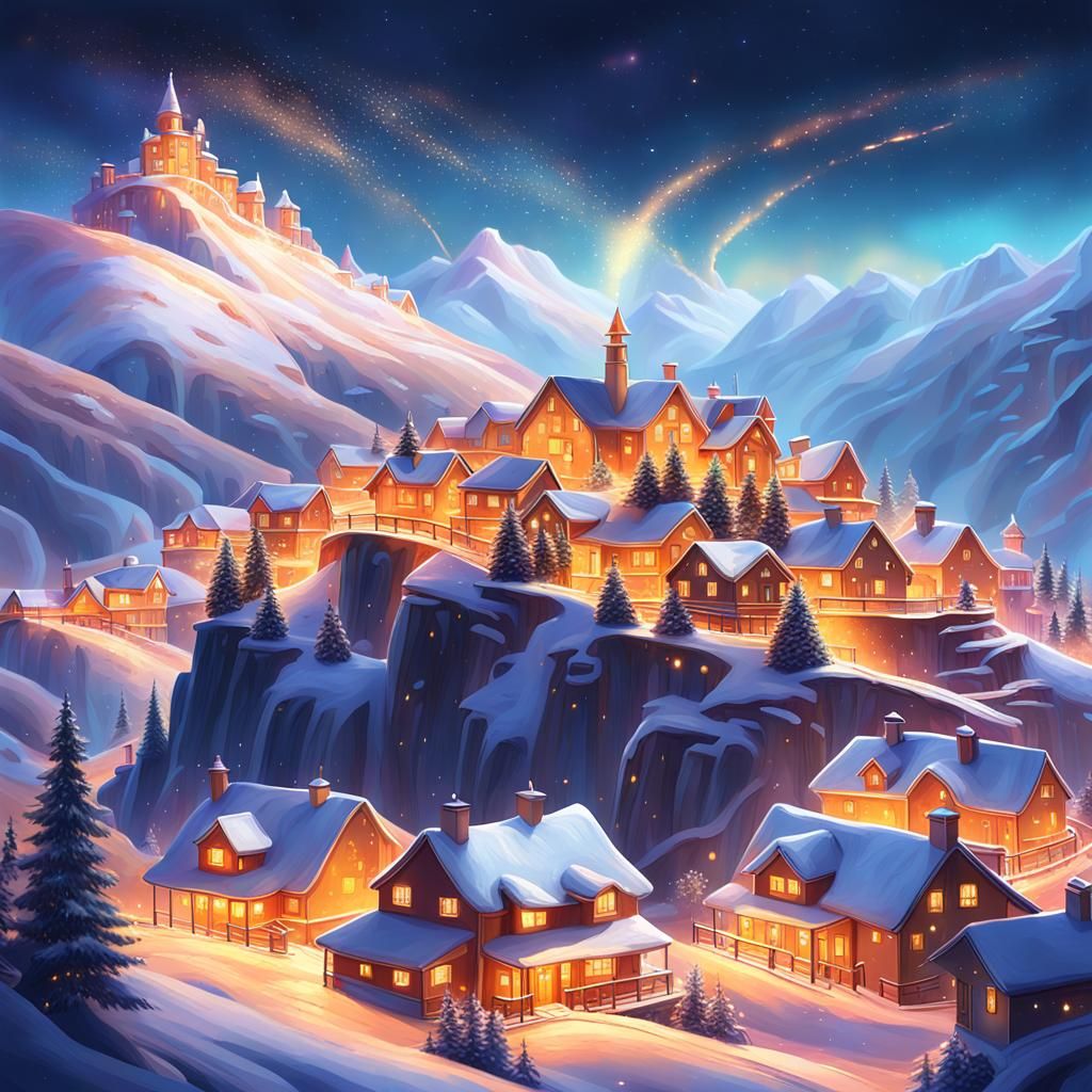 Crystalline Village with Luminous Mist, Hyperrealistic Digit...