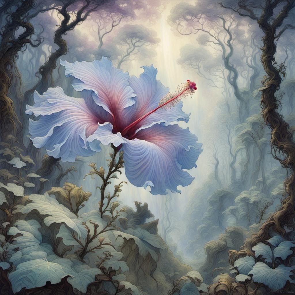 Mystical Hibiscus Flower in Arthur Rackham Style