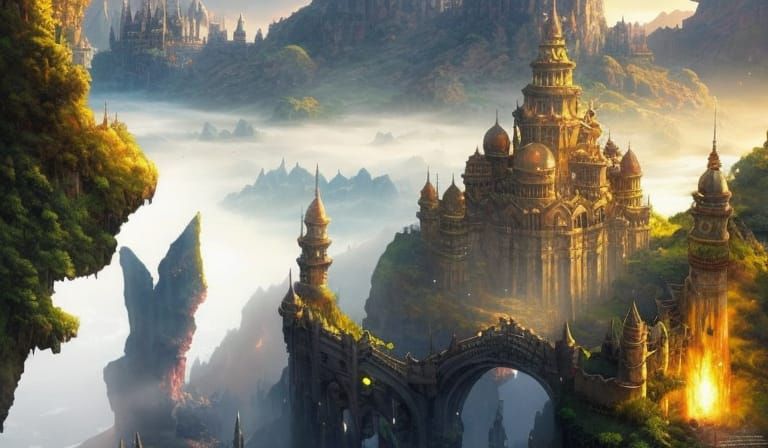 Majestic City Above Waterfall in Golden Light