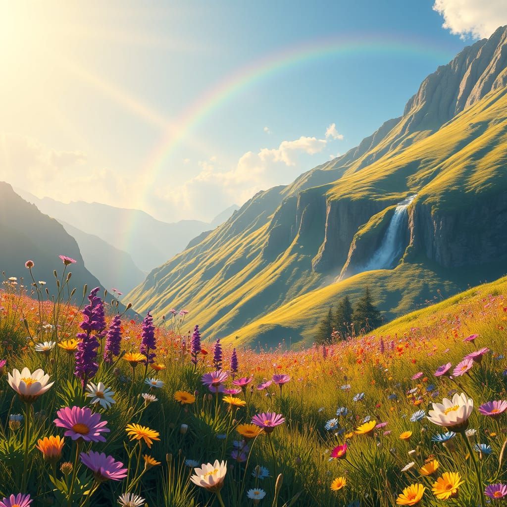 Dreamy Mountain Meadow with Wildflowers and Rainbow
